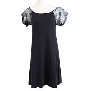 EMPORIO ARMANI BLACK GREY OVERSIZED FLORAL EMBROIDERED SHOULDER SHIFT DRESS - M